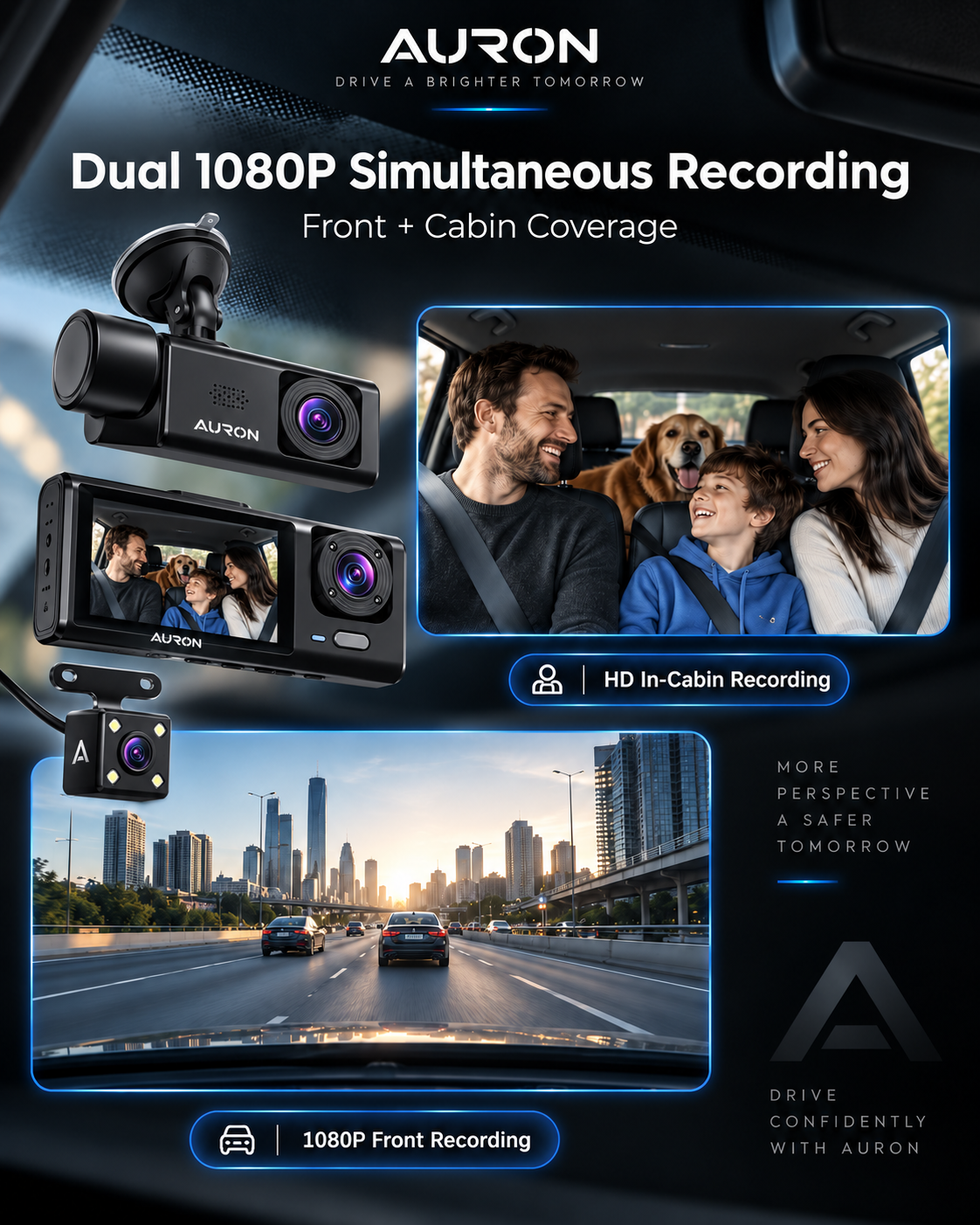 AURON RoadGuard 3™ — 3-Camera Dash Cam + 64GB Memory Card